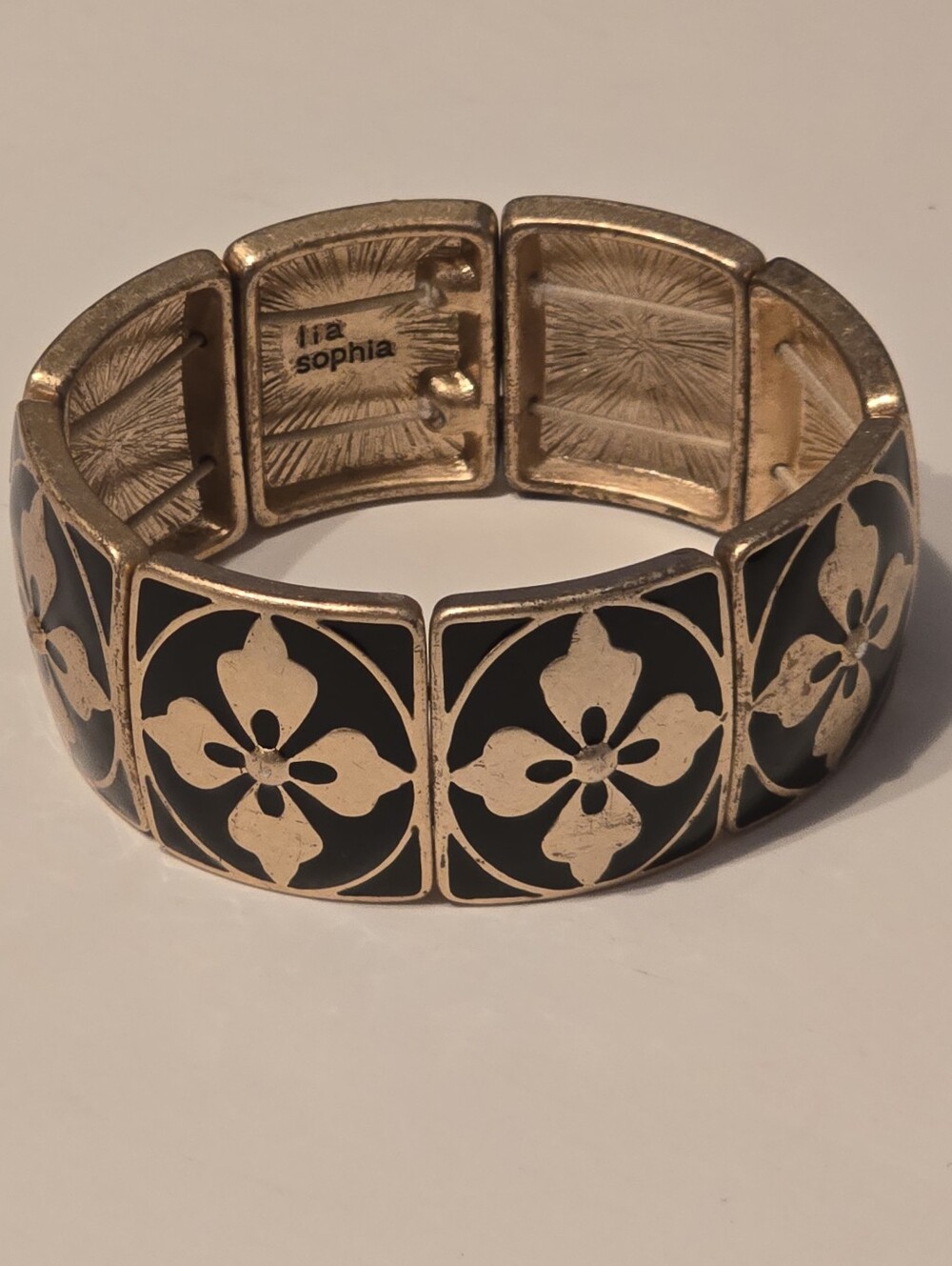 Lia Sophia Midnight Clover Black Enamel & Gold-Tone Elastic Stretch Bracelet